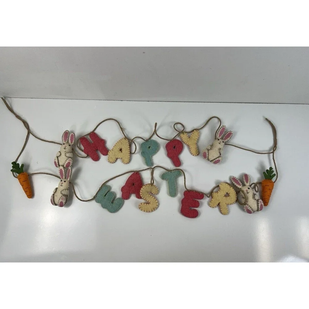Happy Easter Bunny Garland Rabbits Bunnies Spring Felt Wool Banner Decoration